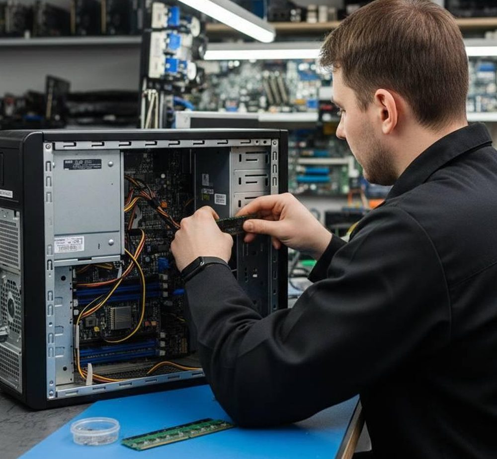 Мастер работает с компьютерным оборудованием